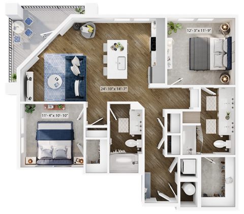 Floor plan for 2 beds, 2 baths, 1073 sqft